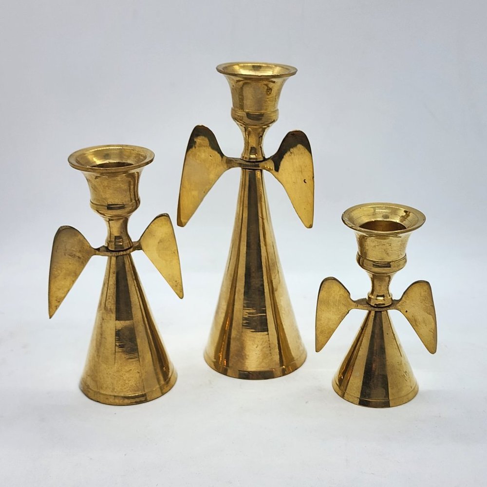 Set of three vintage solid brass Goldtone Christmas angel wing candle holder in